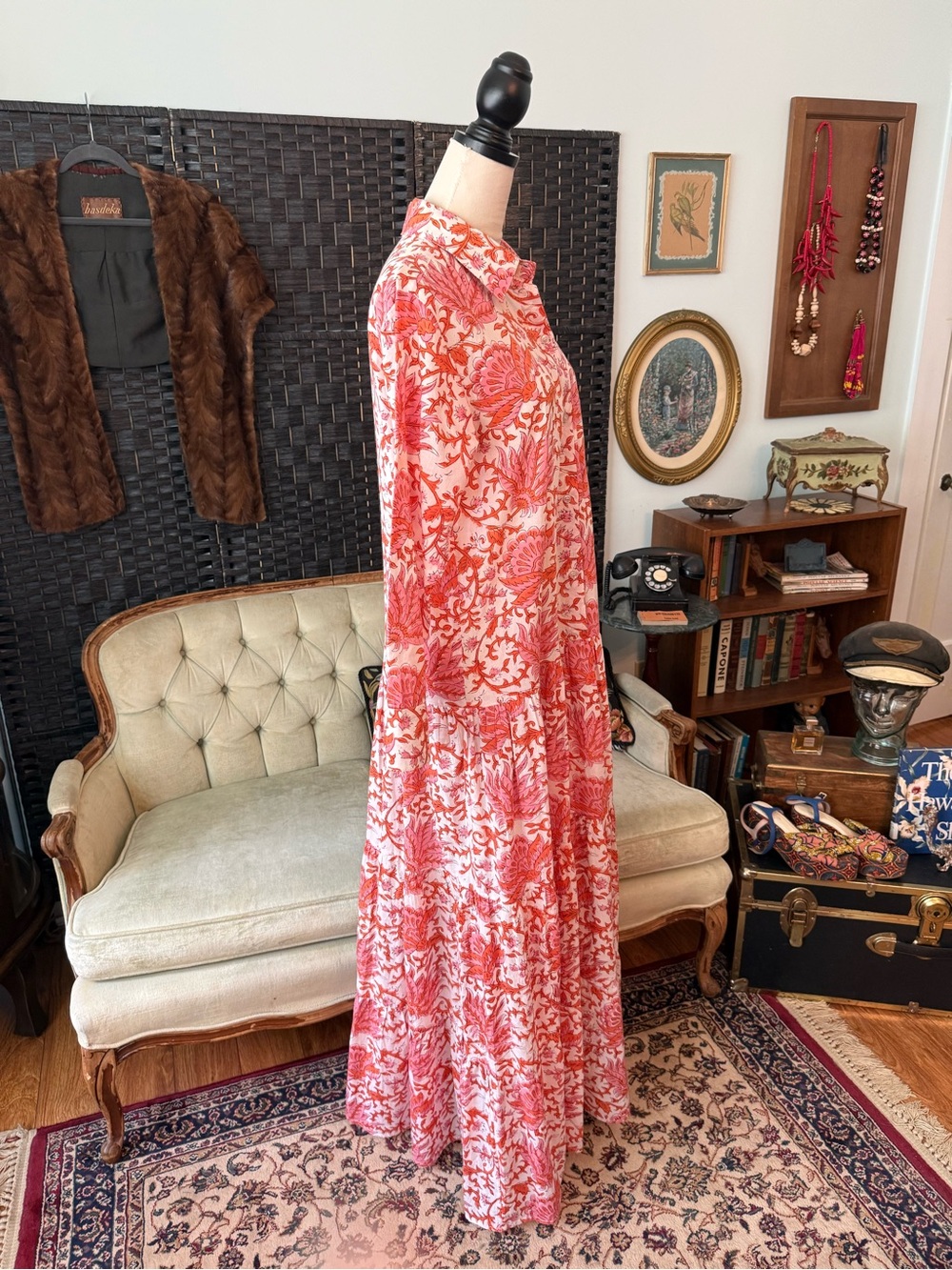 🌺 Guadalupe Design Meredith Floral Maxi Dress Coral Pink Cotton Tiered Boho M - Picture 8 of 12